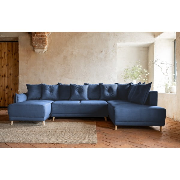 Divano letto angolare in velluto a coste blu scuro (angolo destro a forma di U) Lazy Lukka - Miuform-image-1