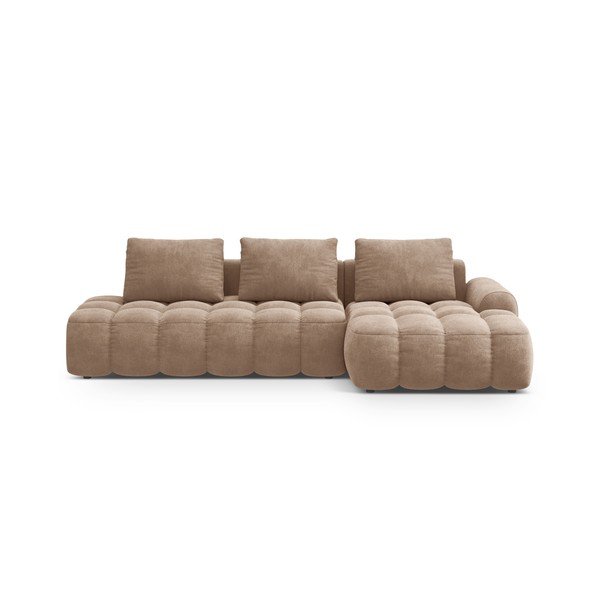 Divano angolare marrone chiaro allungabile/con contenitore (con penisola a destra/con chaise lounge) con rivestimento in velluto Linz – Cosmopolitan Design