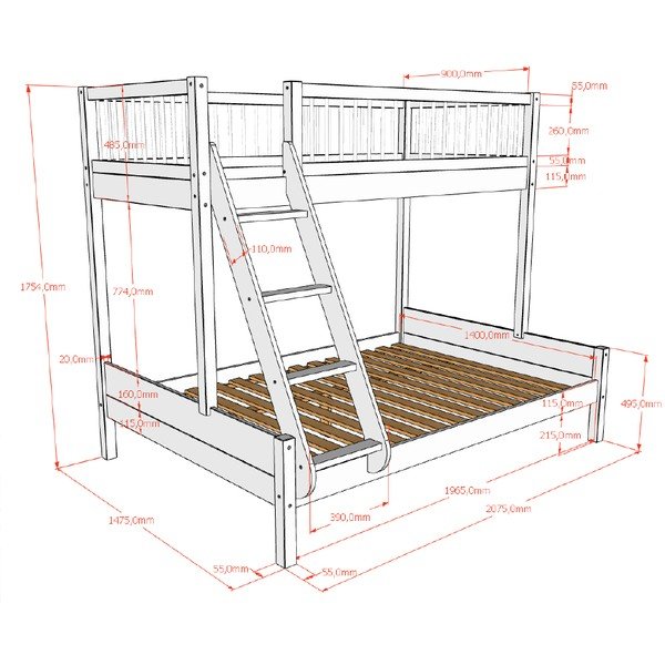 Letto da bambini a castello bianco in faggio massiccio con rete inclusa 140x200/90x200 cm Forrest – Vipack-image-2