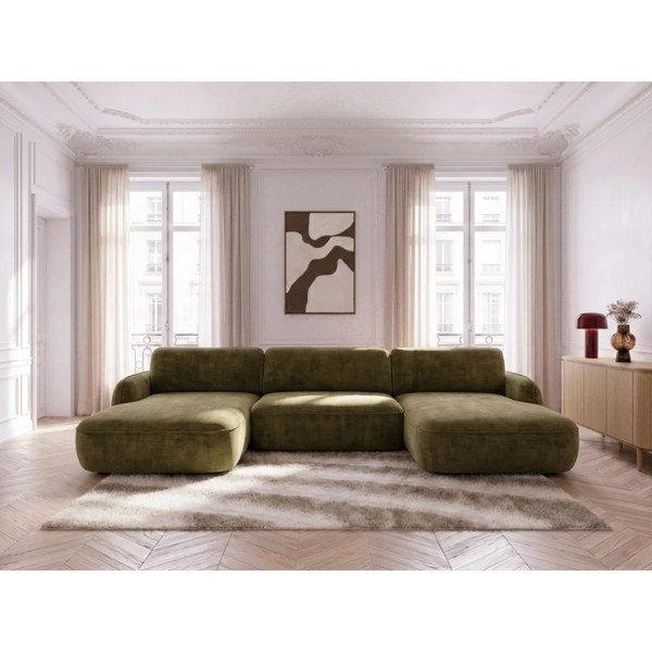 Divano angolare verde allungabile/con contenitore (a U) con rivestimento in velluto Celeste – Bobochic Paris-image-3