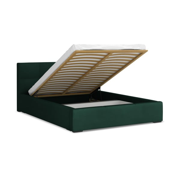Letto matrimoniale imbottito verde scuro in velluto con contenitore con rete inclusa 140x200 cm Hiko – Makamii-image-1