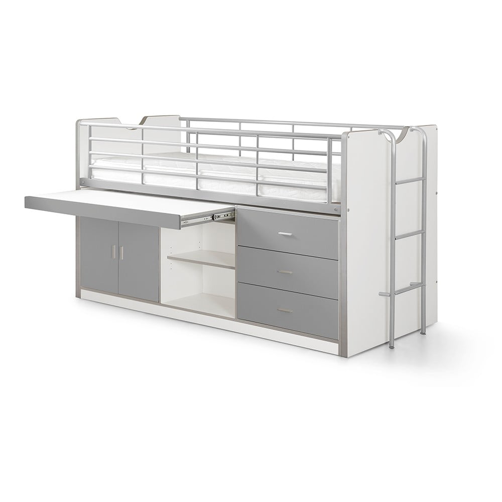 Letto da bambini rialzato bianco/grigio con contenitore con rete inclusa 90x200 cm Bonny – Vipack | Letti per bambini