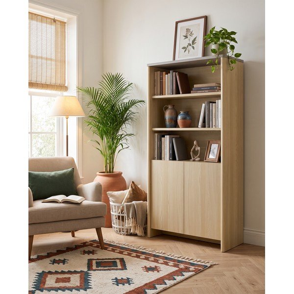 Libreria bianca/colore naturale chiaro con effetto rovere 90x180x48 cm Dore – Marckeric-image-1