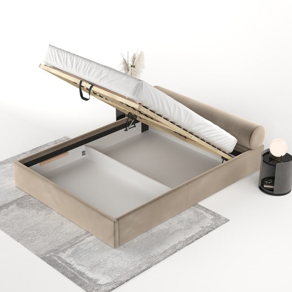 Letto matrimoniale imbottito marrone chiaro con contenitore e rete inclusi 140x200 cm Solvo – Maison de Rêve-image-3