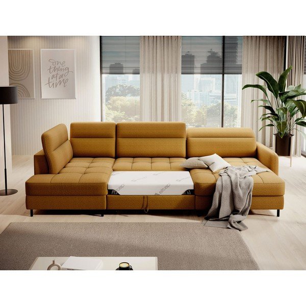 Divano angolare giallo allungabile/con contenitore (con penisola a sinistra/a U) e rivestimento in velluto Berrto – ELTAP-image-4