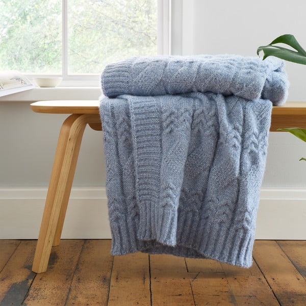 Coperta blu a maglia 150x200 cm Cable Knit - Bianca