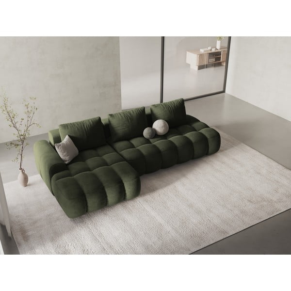 Divano angolare verde allungabile/con contenitore (con penisola a sinistra/con chaise lounge) con rivestimento in velluto Linz – Cosmopolitan Design-image-1