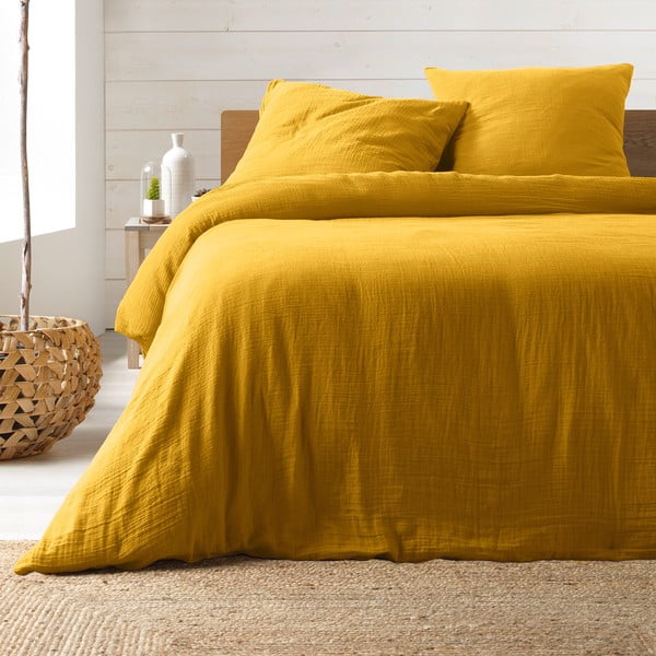 Biancheria da letto in mussola gialla estesa per letto matrimoniale 240x260 cm Angelia - douceur d'intérieur
