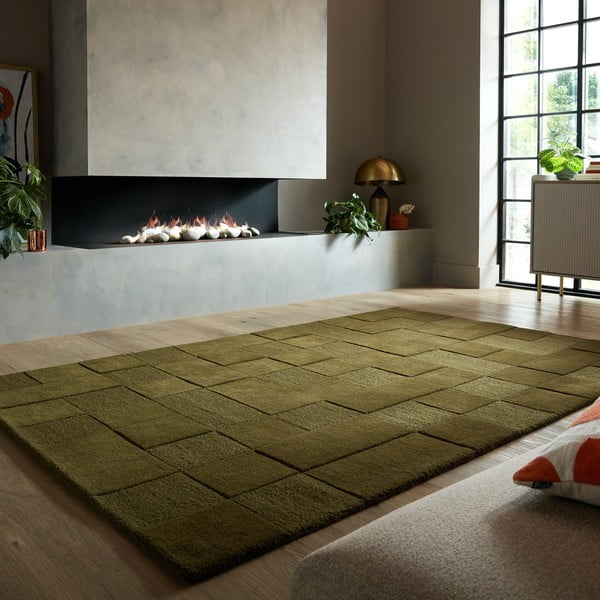 Tappeto in lana kaki tessuto a mano 200x290 cm Checkerboard - Flair Rugs-image-1