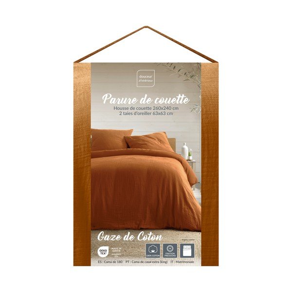 Set copripiumino e federa color terracotta in mussola per letto matrimoniale/per letto esteso 3 pezzi 260x240 cm Angelia – douceur d'intérieur-image-1