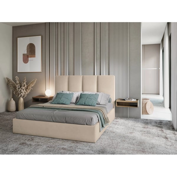 Letto matrimoniale imbottito beige con contenitore con griglia 160x200 cm Juniper - Mazzini Beds-image-1