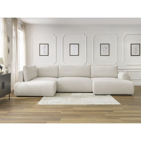 Divano angolare color crema allungabile/con contenitore (con penisola a sinistra/a U) con rivestimento in velluto a coste Lucien – Bobochic Paris-image-1