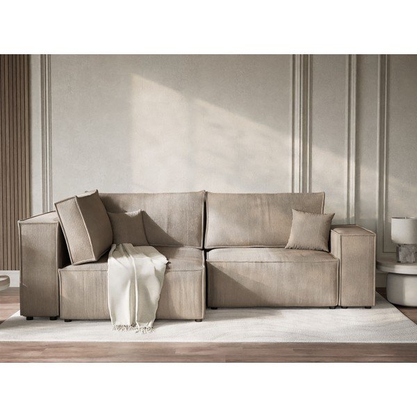 Divano angolare beige allungabile/con contenitore (con penisola a sinistra/a L) con rivestimento in velluto a coste Tonga – Maison de Rêve-image-1