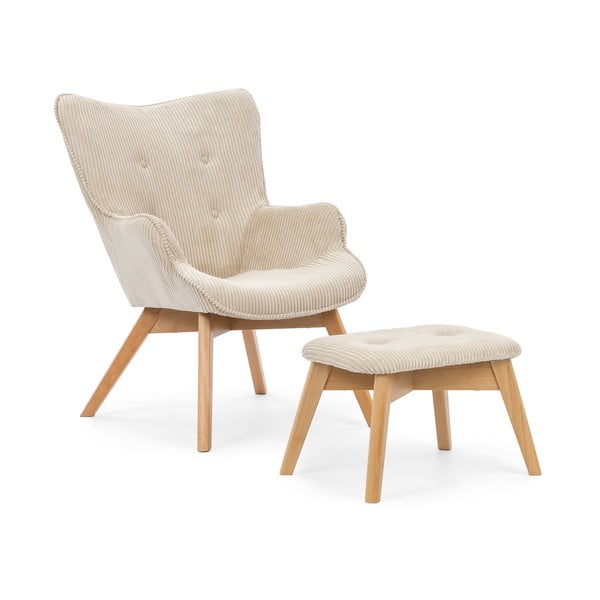 Poltrona con poggiapiedi beige con rivestimento in velluto a coste Niko – Ropez