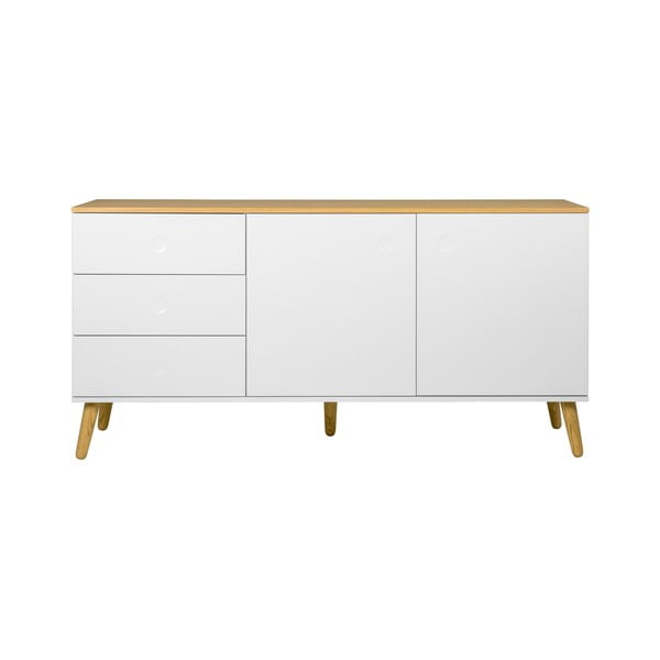 Credenza a due ante bianca con gambe in rovere e 3 cassetti Dot - Tenzo