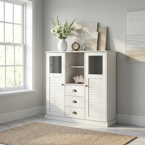 Armadietto bianco in pino massiccio 127x116x38 cm Edith – Støraa-image-2