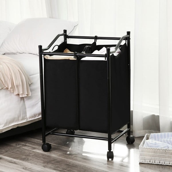 Cesto nero con ruote e 2 segmenti per il bucato - Songmics-image-1