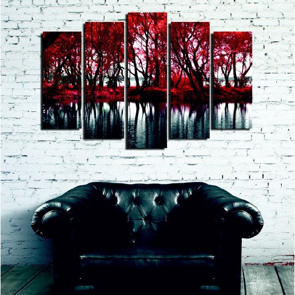 Pittura in 5 parti su tela Foglie rosse - Wallity-image-1