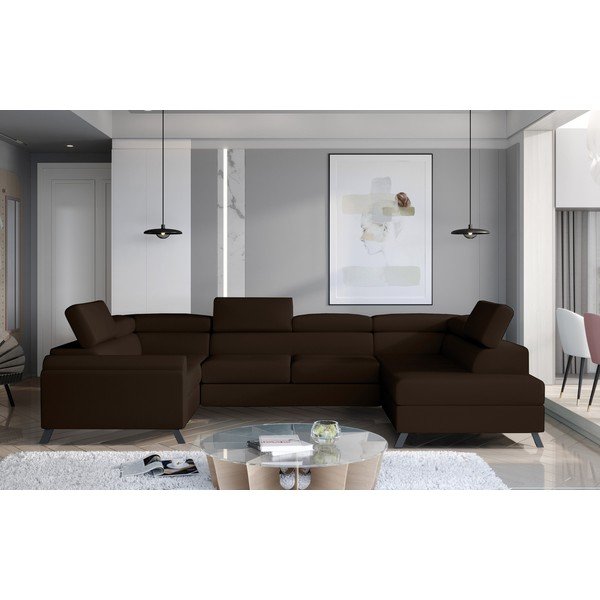 Divano angolare marrone scuro allungabile/con contenitore (con penisola a destra/a U) e rivestimento in velluto Escada – ELTAP-image-1