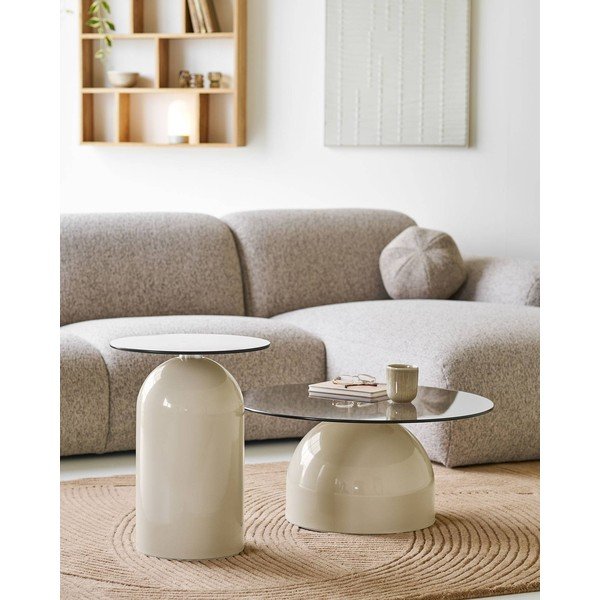 Tavolino da salotto rotondo beige con piano in vetro ø 70 cm Ravello – House Nordic-image-1