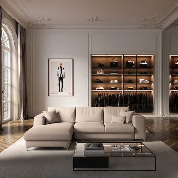 Divano angolare beige allungabile e con contenitore (con penisola a sinistra e chaise lounge) rivestito in velluto Rene – Rodier-image-1