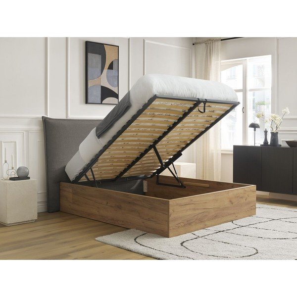 Letto matrimoniale imbottito/in truciolato grigio/grigio tortora imbottito con contenitore con rete inclusa 180x200 cm Charlie – Bobochic Paris-image-1