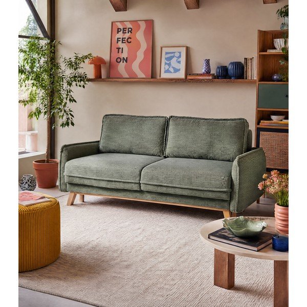 Divano verde chiaro allungabile/con contenitore con rivestimento in velluto a coste 218 cm Tori – Bonami Selection-image-1