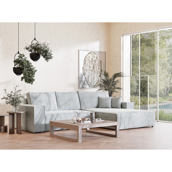 Divano angolare grigio chiaro allungabile/con contenitore (con penisola a destra/con chaise lounge) con rivestimento in ciniglia Maze – Maison de Rêve-image-1