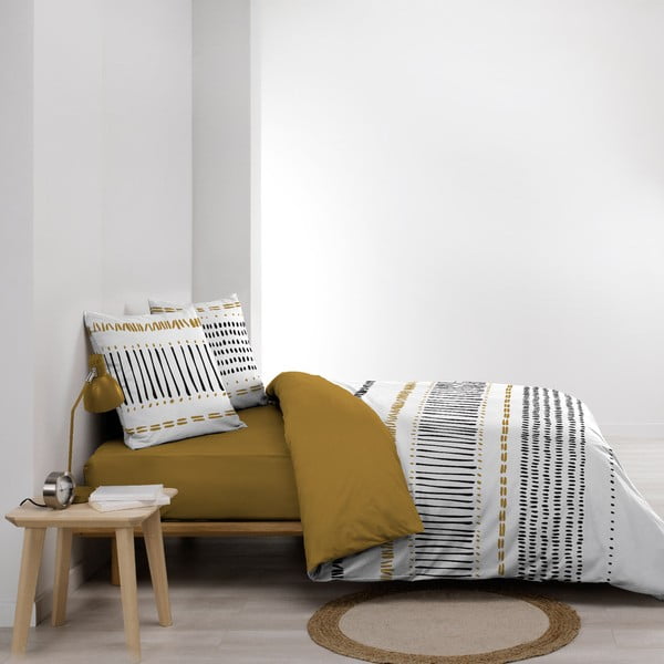 Set copripiumino e federa color senape/bianco in cotone per letto matrimoniale ed esteso 240x220 cm Chicago – douceur d'intérieur-image-1