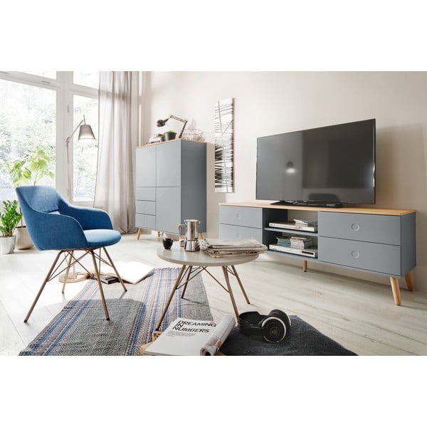 Armadio grigio a tre ante con gambe in rovere con 3 cassetti , altezza 137 cm Dot - Tenzo-image-1