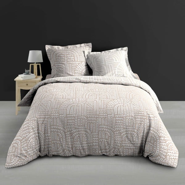 Set copripiumino e federa bianco/beige in percalle di cotone per letto matrimoniale ed esteso 240x220 cm Eliot – douceur d'intérieur-image-2