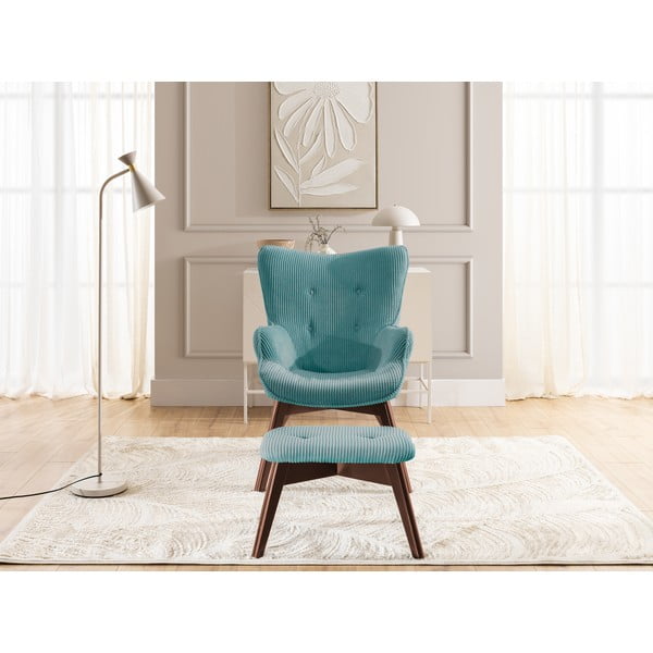 Poltrona con poggiapiedi turchese con rivestimento in velluto a coste Niko – Ropez-image-1
