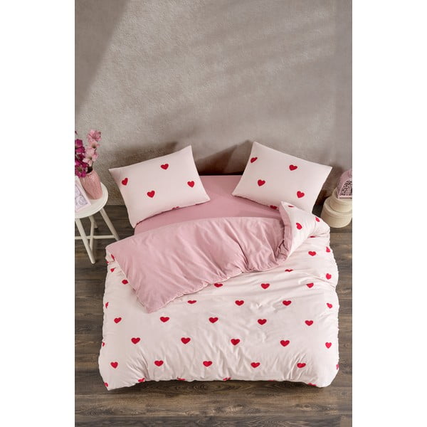 Set copripiumino e federa rosa per letto matrimoniale o esteso con lenzuolo incluso/4 pezzi 200x220 cm Red Heart – Mila Home-image-3