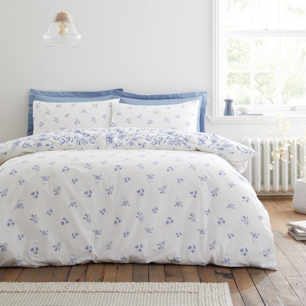 Set copripiumino e federa blu in percalle di cotone per letto singolo 135x200 cm Thea Floral – Bianca-image-3
