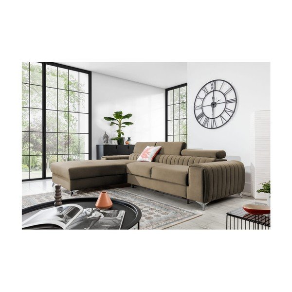 Divano angolare marrone chiaro allungabile/con contenitore (con penisola a sinistra/con chaise lounge) e rivestimento in velluto Grayson – ELTAP-image-1