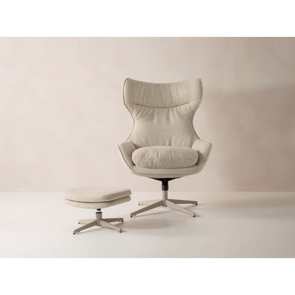 Poltrona con poggiapiedi beige girevole con rivestimento in bouclé Kenzi – Micadoni -image-2