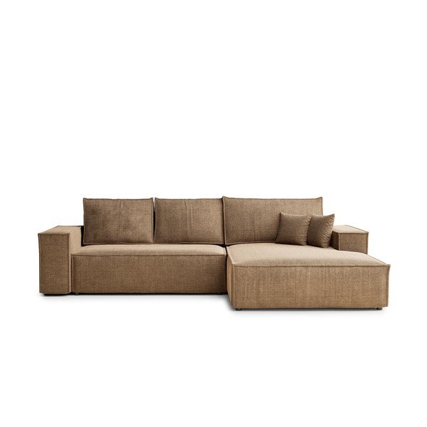 Divano angolare marrone chiaro allungabile/con contenitore (con penisola a destra/con chaise lounge) con rivestimento in ciniglia Maze – Maison de Rêve