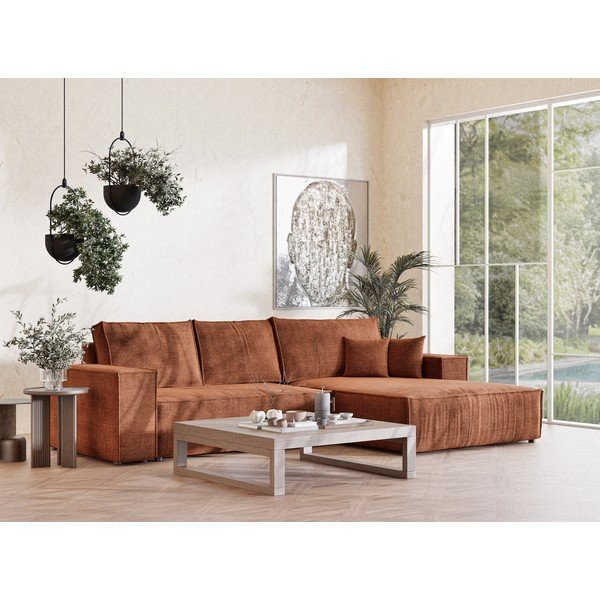Divano angolare color rame allungabile/con contenitore (con penisola a destra/con chaise lounge) con rivestimento in ciniglia Maze – Maison de Rêve-image-1