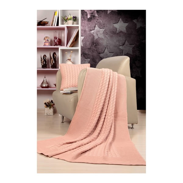Set světle růžového přehozu a polštáře Kate Louise Tricot Blanket Set Sultan
