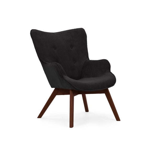 Poltrona con poggiapiedi nera con rivestimento in velluto a coste Niko – Ropez-image-4