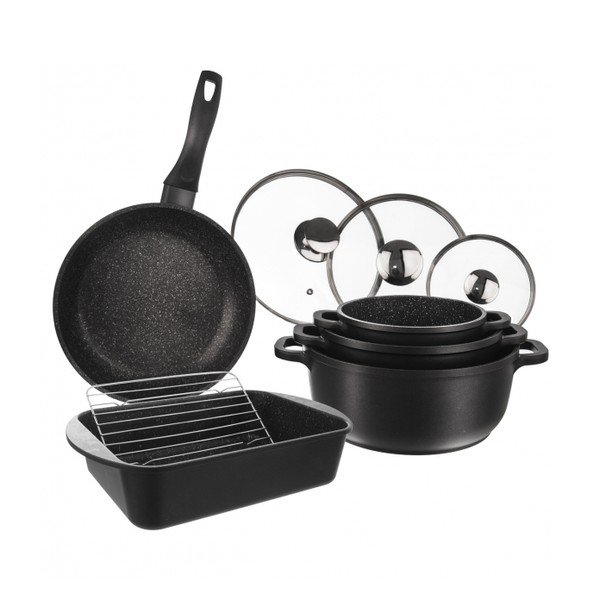 Set di pentole in alluminio da 5 pezzi con 3 coperchi e una griglia Grande - Orion