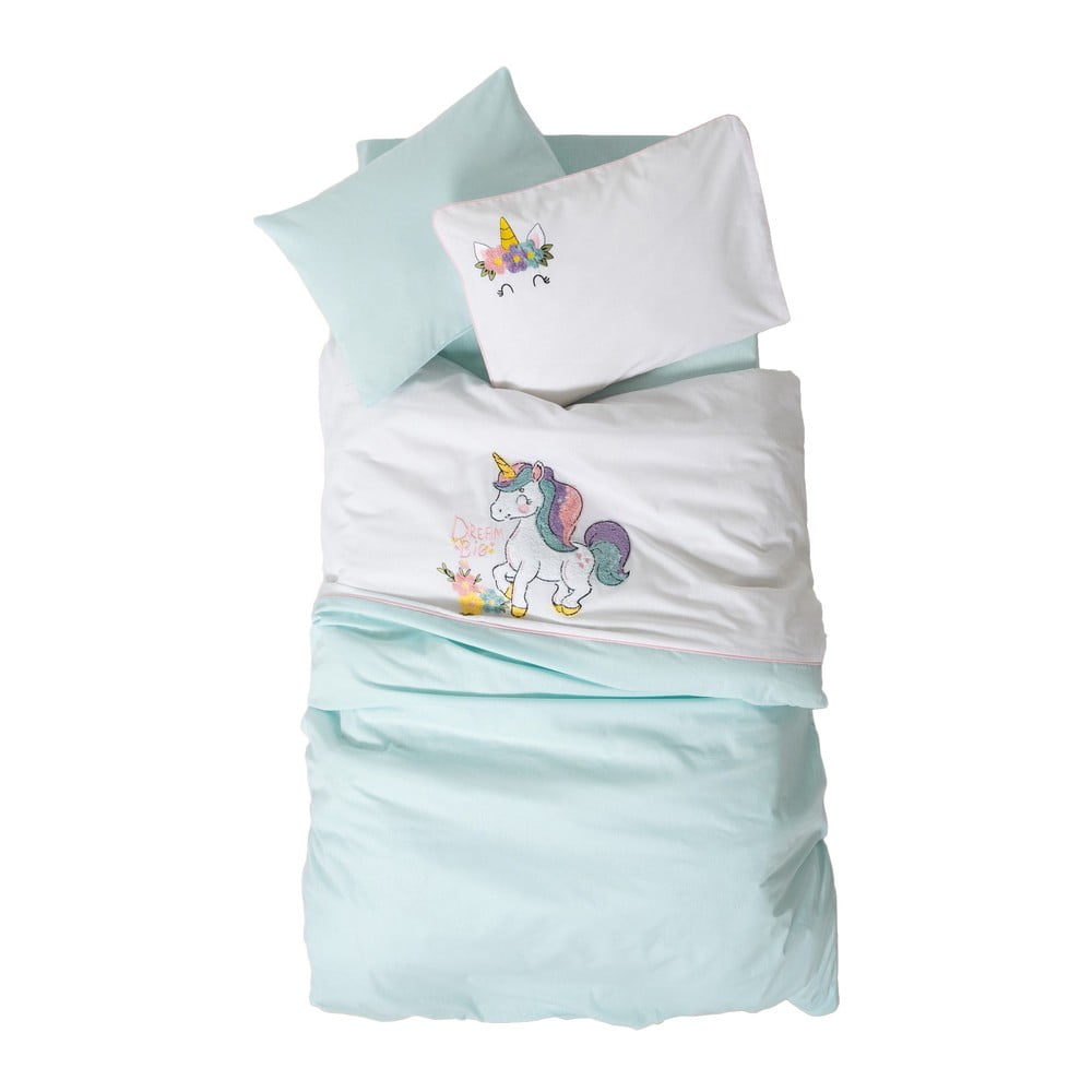 Set copripiumino e federa da bambini bianco/color menta in cotone per culla con lenzuolo incluso/4 pezzi 100x150 cm Dolly – Mijolnir | Biancheria da letto per bambini