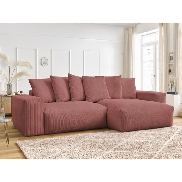 Divano angolare rosa allungabile e con contenitore rivestito in velluto a coste Voltaire – Bobochic Paris-image-1