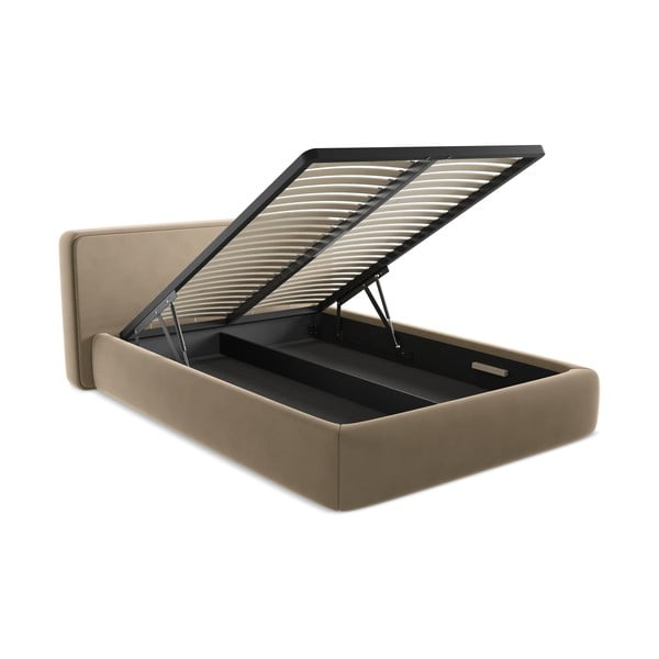 Letto matrimoniale imbottito marrone chiaro con contenitore con griglia 140x200 cm Kiana - Makamii-image-3