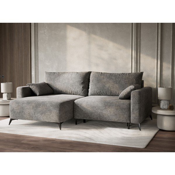 Divano angolare grigio allungabile/con contenitore (con penisola a sinistra/con chaise lounge) con rivestimento in ciniglia Leon – Maison de Rêve-image-4