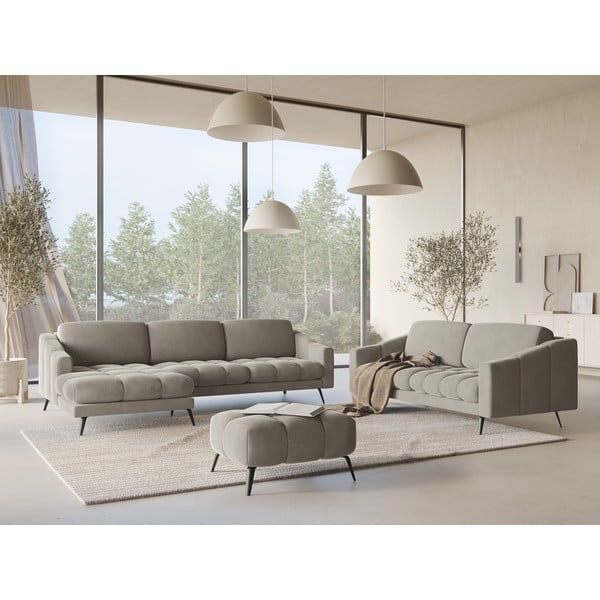 Divano angolare beige (con penisola a sinistra) con rivestimento in velluto Nalu – Makamii-image-1