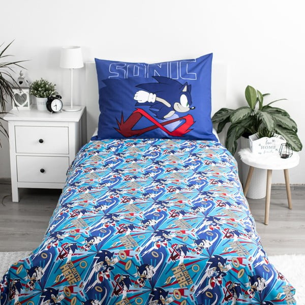 Set copripiumino e federa da bambini blu in cotone per letto singolo 140x200 cm Sonic "Let´s go" – Jerry Fabrics-image-2