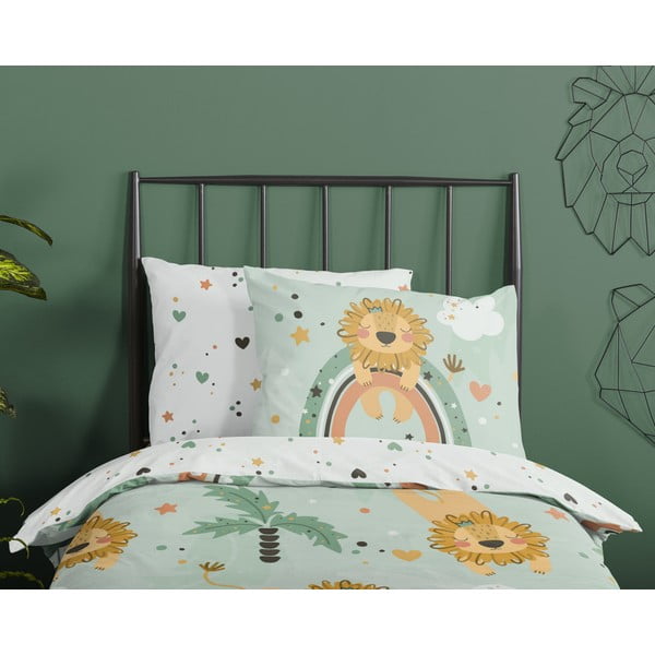 Set copripiumino e federa da bambini verde in cotone per letto singolo ed esteso 140x220 cm Lions – Good Morning-image-2