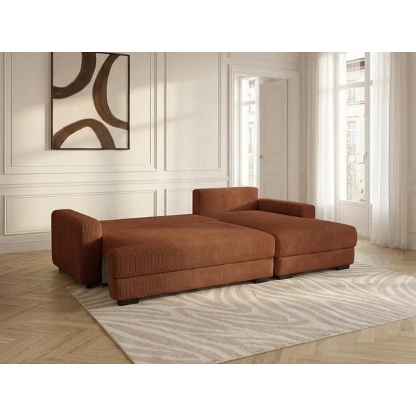 Divano angolare arancione allungabile/con contenitore (con penisola a destra/con chaise lounge) con rivestimento in velluto a coste Campi – Bobochic Paris-image-3