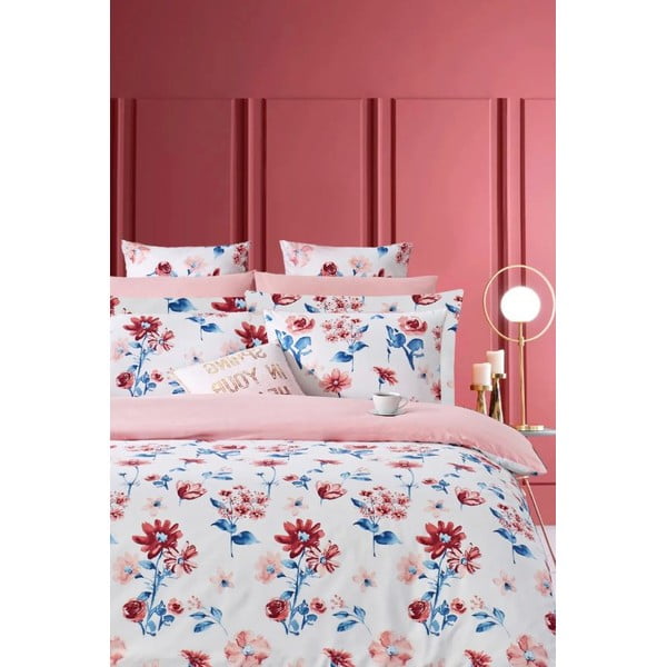 Biancheria da letto bianca/rosa in cotone renforcé per letto matrimoniale/per letto esteso con lenzuolo incluso/4 pezzi 200x220 cm – Mila Home